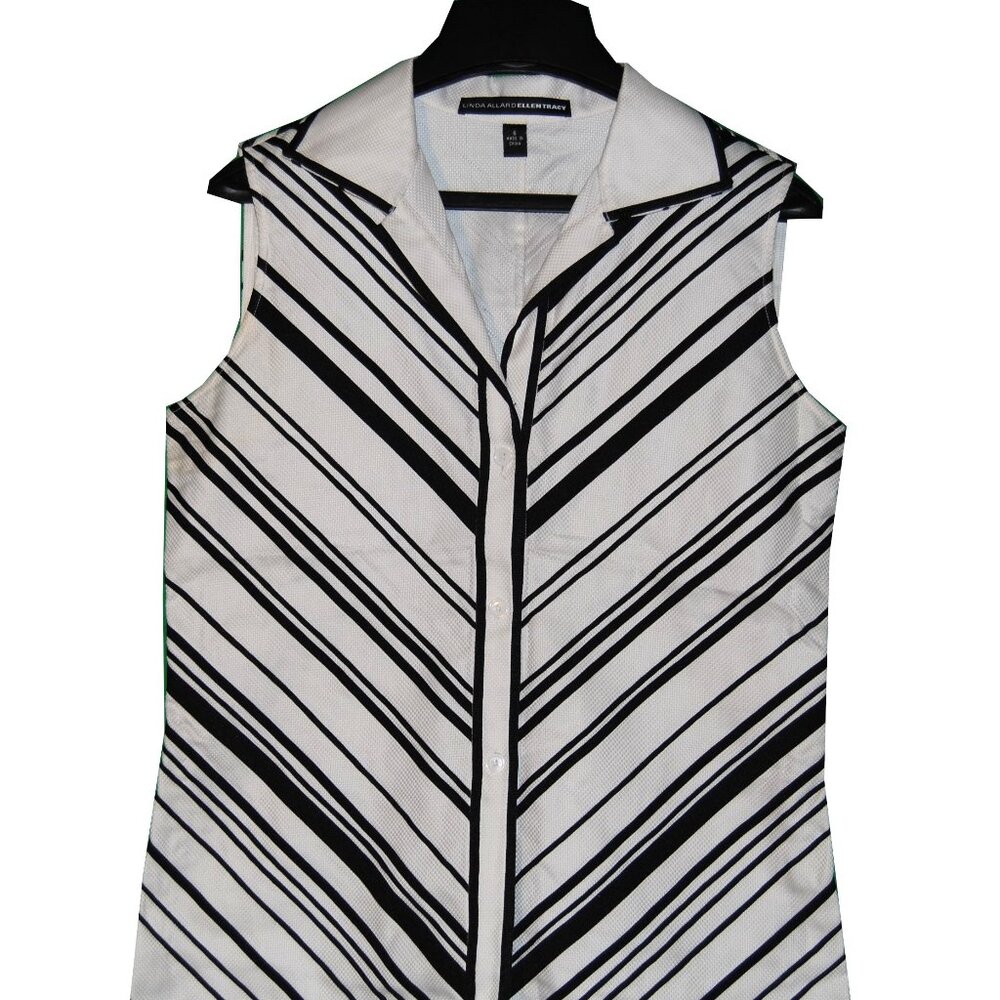 Linda Allard Ellen Tracy Button-Up Sleeveless Black/White Shirt, Size 6